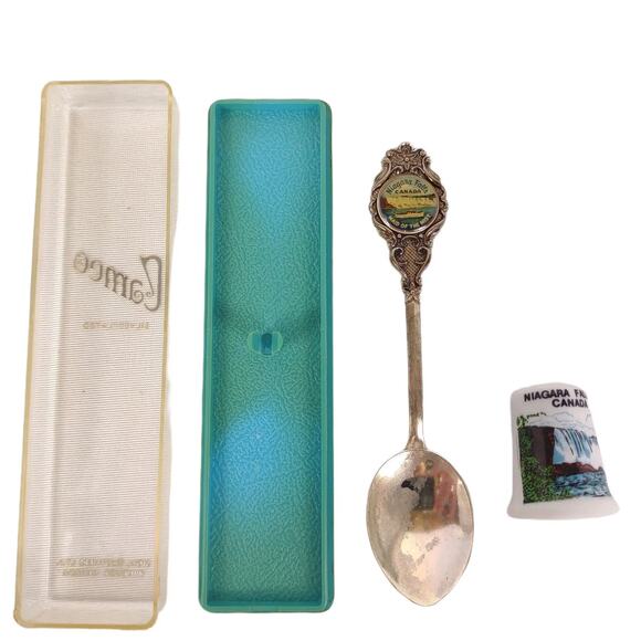 Vtg Mid-Century Niagara Falls Souvenir Cameo Silverplate Spoon & Ceramic Thimble - Picture 2 of 10
